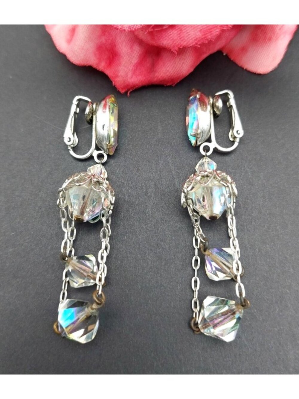 Vintage Lewis Segal AB Crystal Dangle Drop Clip On Earrings Silver Tone Formal